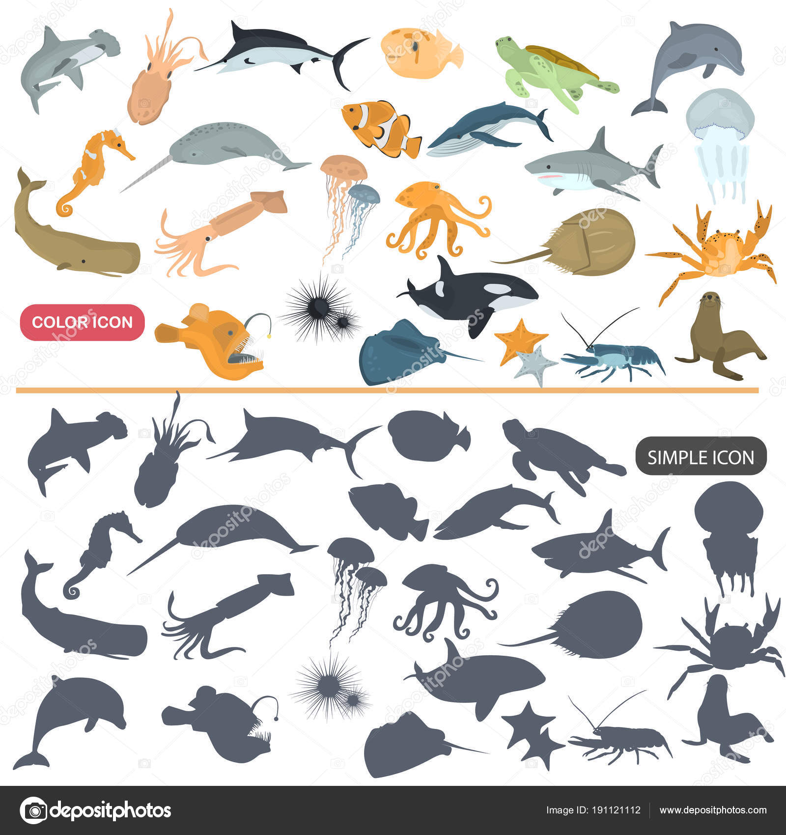 Different sea animals color flat and simple icons set Stock Vector Image by ©lynxvector #191121112 Different sea animals color flat and simple icons set Stock Vector Image by ©lynxvector #191121112
