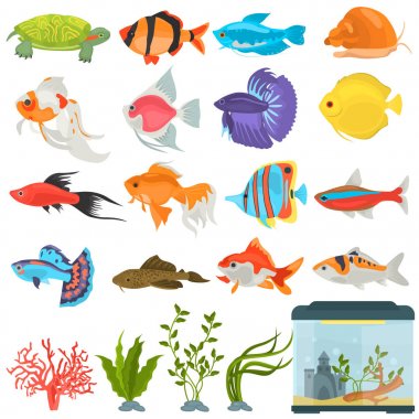 Aquarium flora and fauna color flat icons set