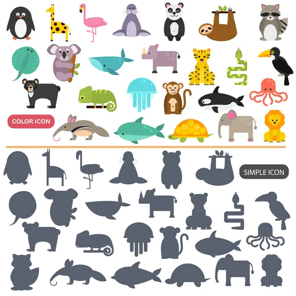 Animales divertidos color conjunto de iconos planos y simples — Vector de stock