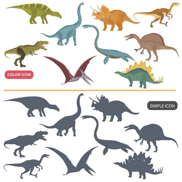 Diversi dinosauri colore piatto e semplice set di icone — Vettoriale Stock