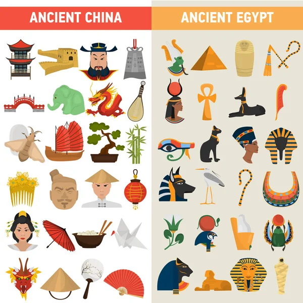 China und Ägypten große Zivilisationen Farbe flache Symbole gesetzt — Stockvektor