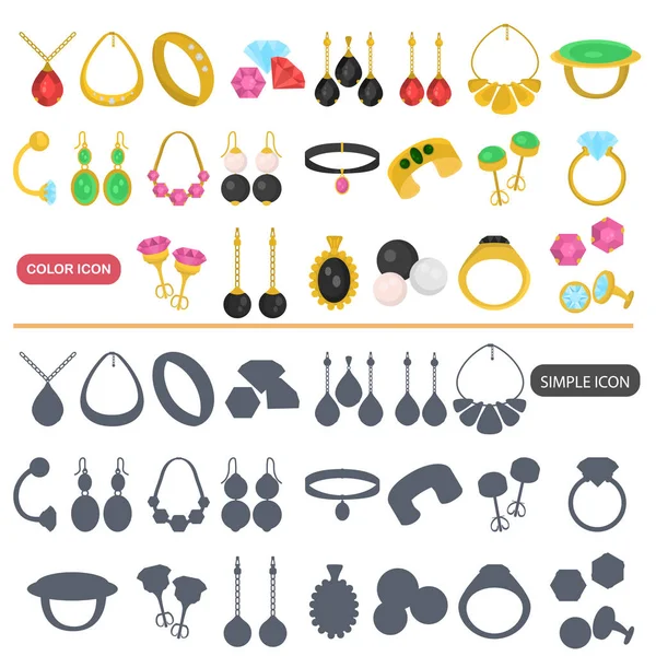 Různé šperky barevné ploché a jednoduché ikony nastavit — Stockový vektor