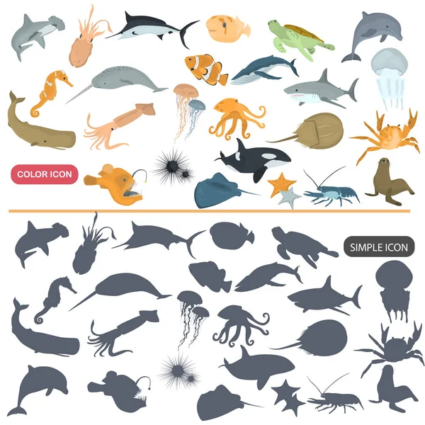 Diversi animali marini colore piatto e semplice set di icone — Vettoriale Stock