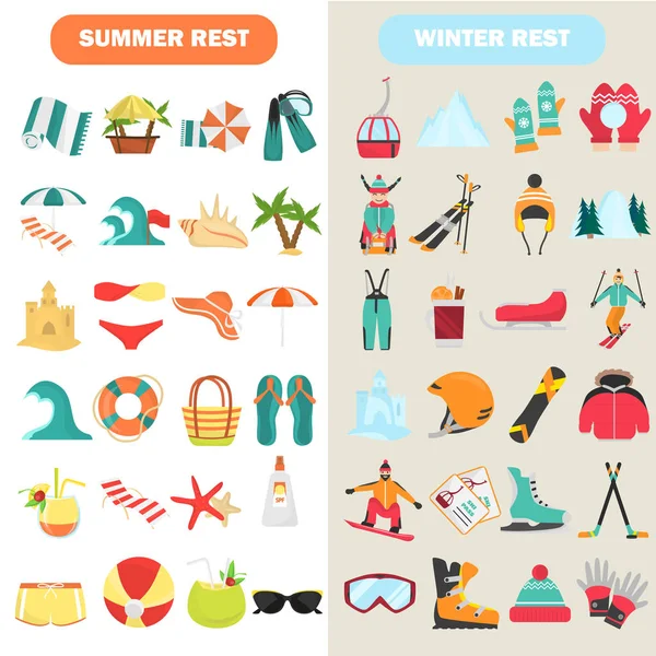 Lato i zima odpoczynku zestaw ikon płaski kolor — Wektor stockowy
