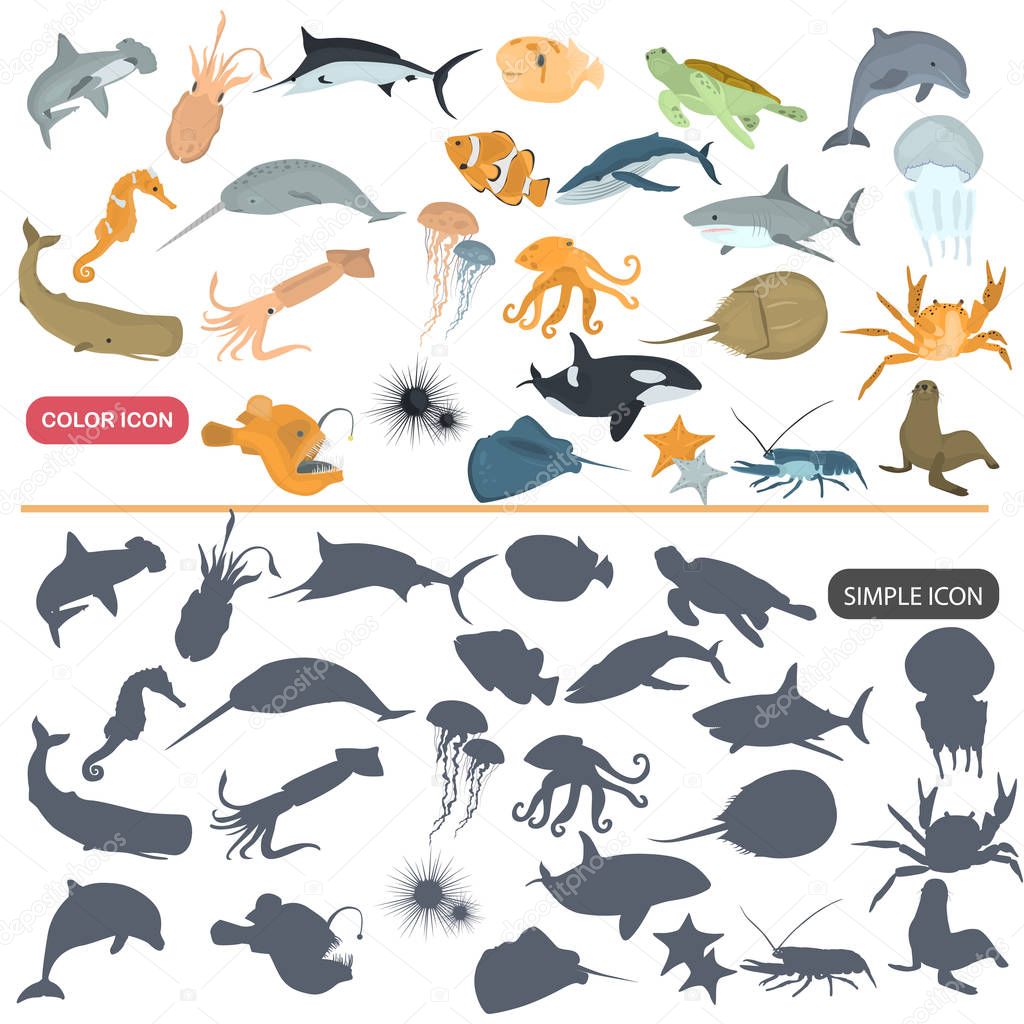 Different sea animals color flat and simple icons set