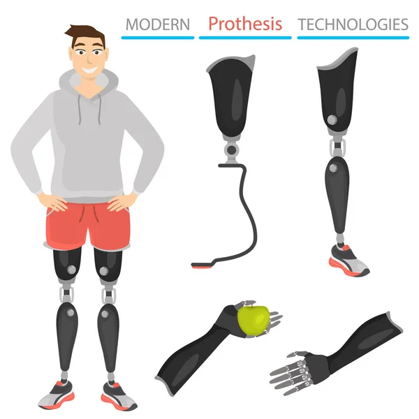 Set ikon warna prostesis dan bagian buatan tubuh. Guy dengan kaki palsu ilustrasi - Stok Vektor