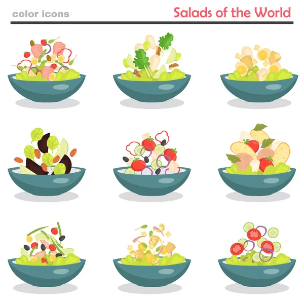 Conjunto de pratos com várias saladas de cozinha mundial cor ícones planos —  Vetores de Stock