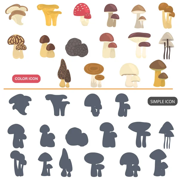 Cogumelos cor plana e simples conjunto de ícones —  Vetores de Stock