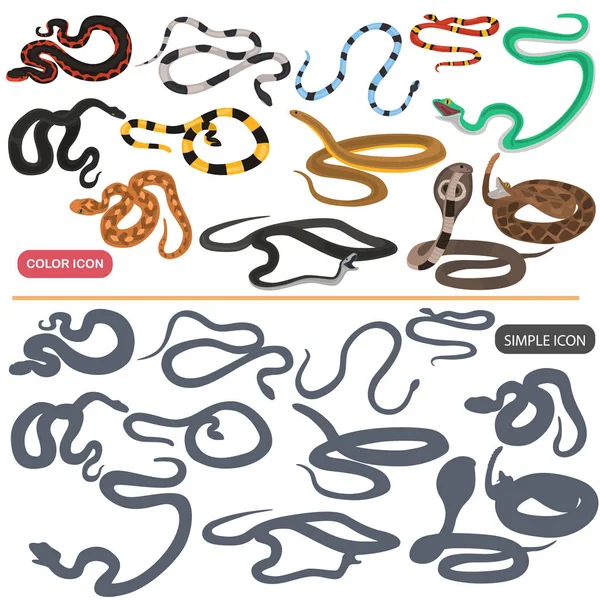 Ядовитые змеи цвет плоский и простой набор значков — стоковый вектор