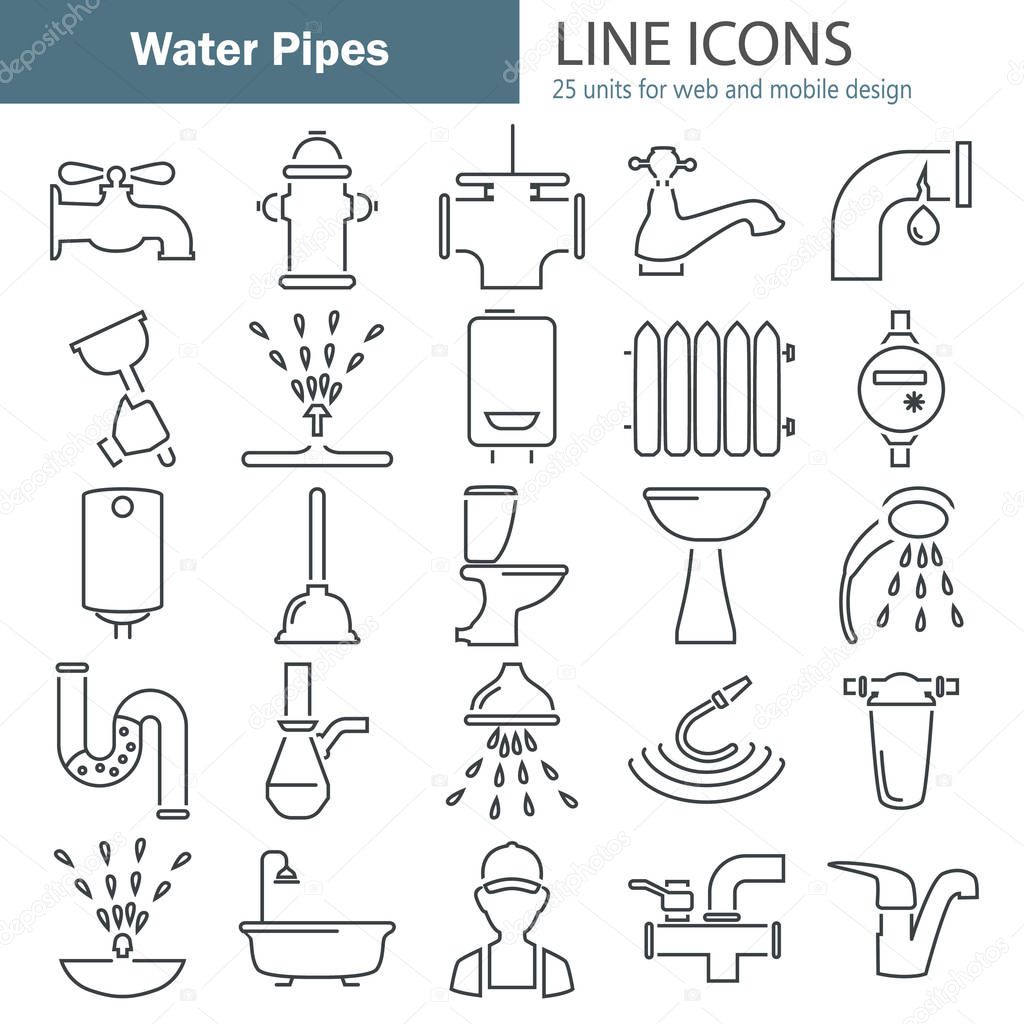 Water pipes line icons set for web and mobile design
