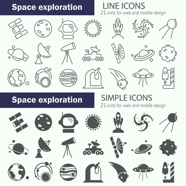 Descubrimiento Exploración Línea Espacial Conjunto Iconos Simples — Archivo Imágenes Vectoriales