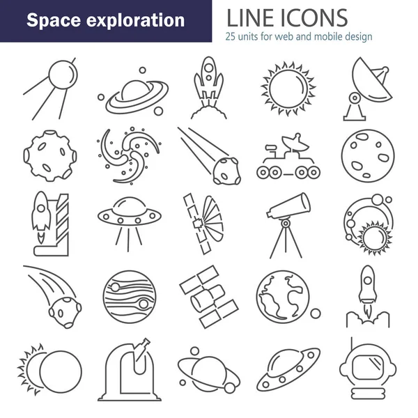 La scoperta e l'esplorazione di icone della linea spaziale impostato — Vettoriale Stock