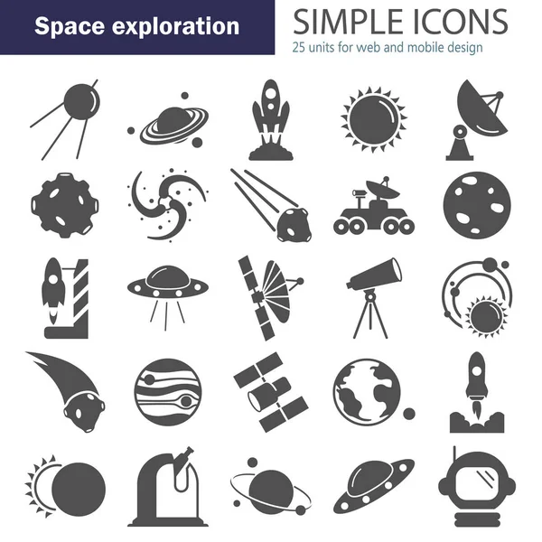 El descubrimiento y la exploración del espacio conjunto de iconos simples — Vector de stock