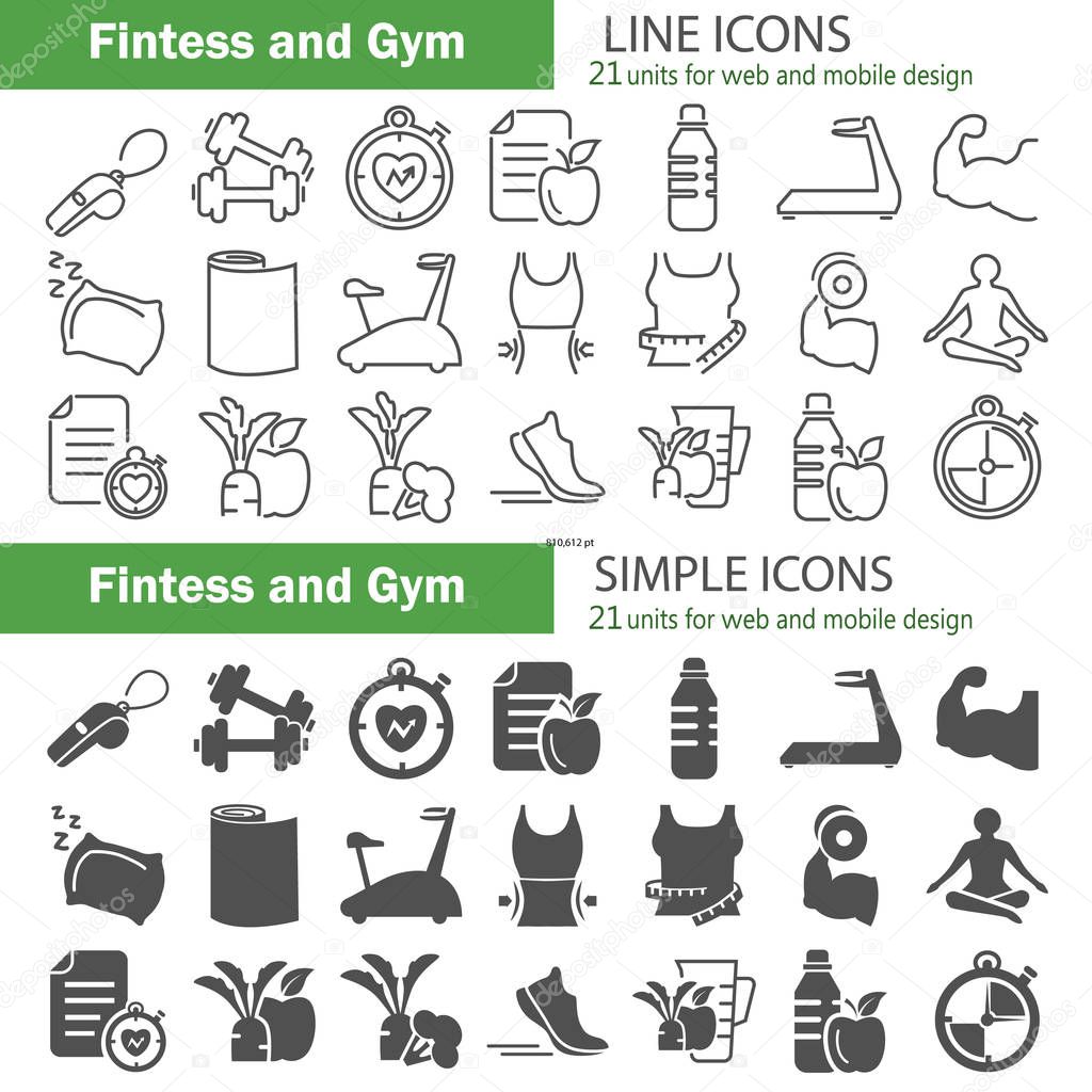 Fitness and Training line and simple icons for web and mobile design