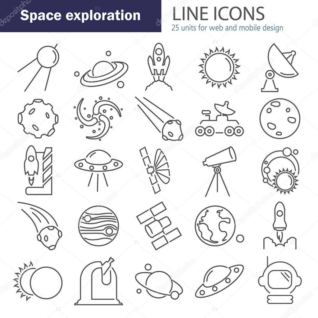 The discovery and exploration of space line icons set