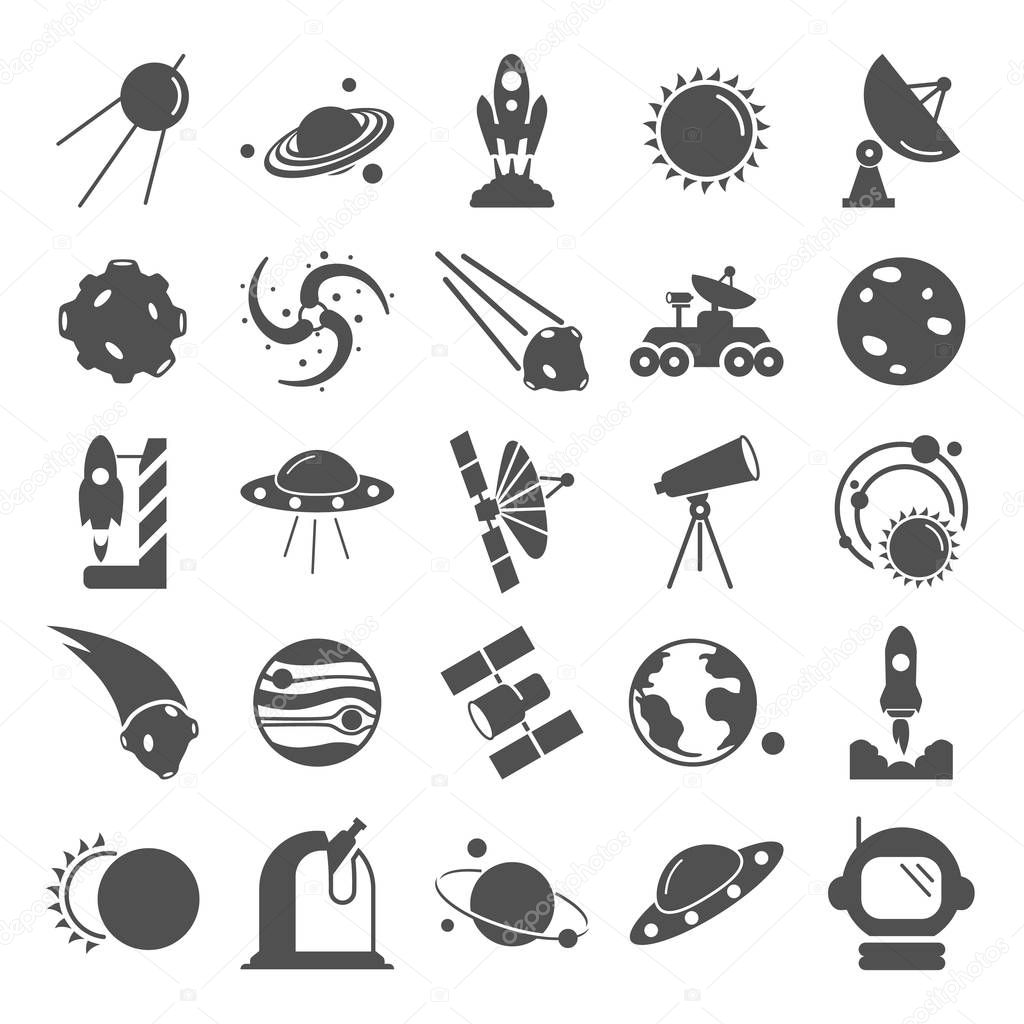 The discovery and exploration of space simple icons set