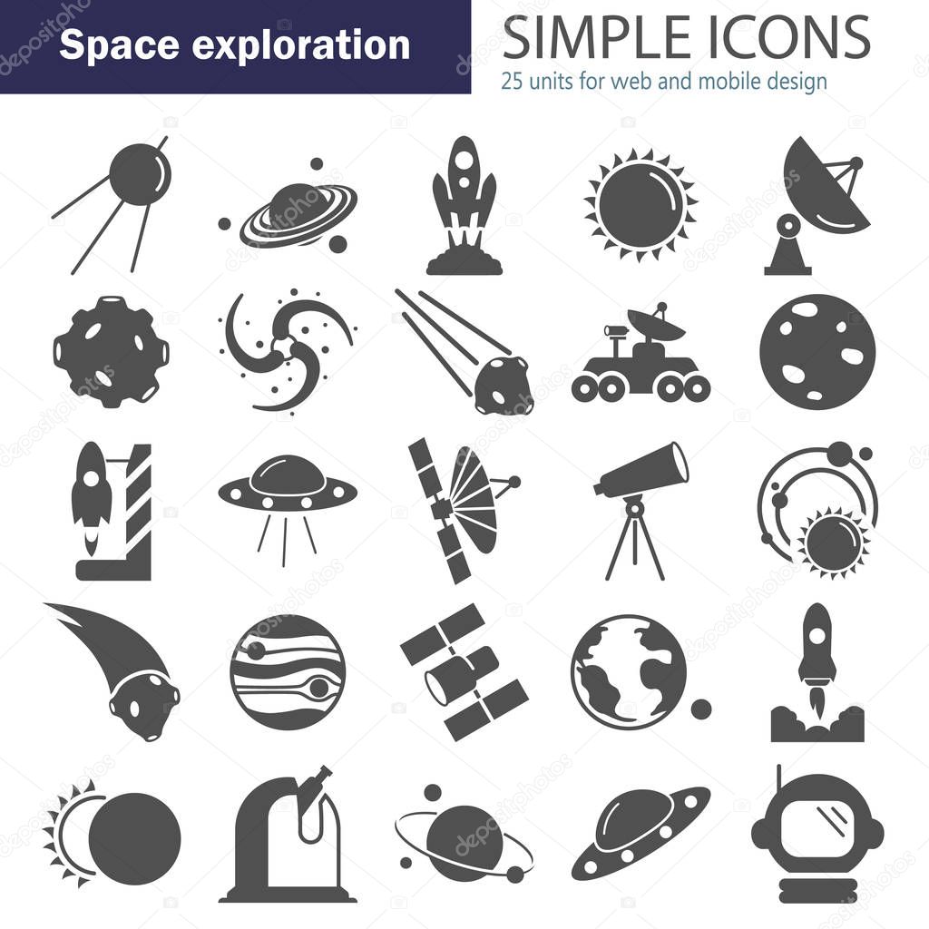 The discovery and exploration of space simple icons set