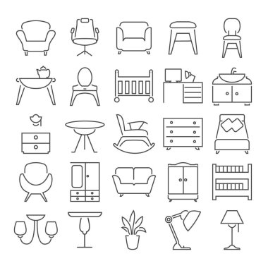 Web ve mobil tasarım mobilya çizgi tasarım Icons set
