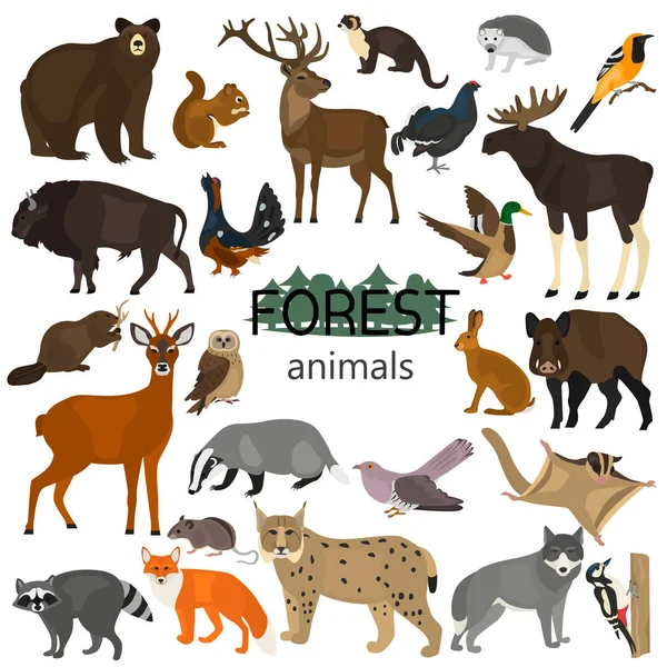 Foresta animali colore piatto icone set — Vettoriale Stock