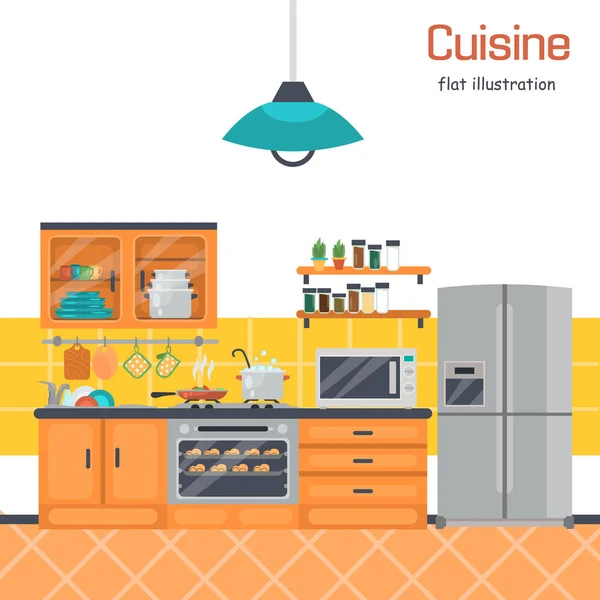 Cocina interier color ilustración plana — Vector de stock