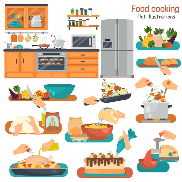 Cocina y el proceso de cocción de varios platos de color ilustraciones planas conjunto — Vector de stock