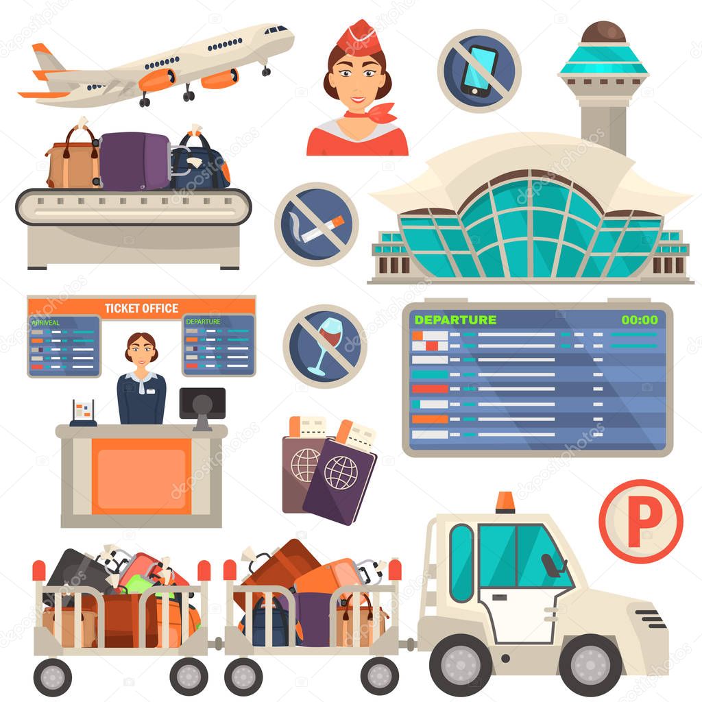 Airport color flat icons set. Color flat illustrations