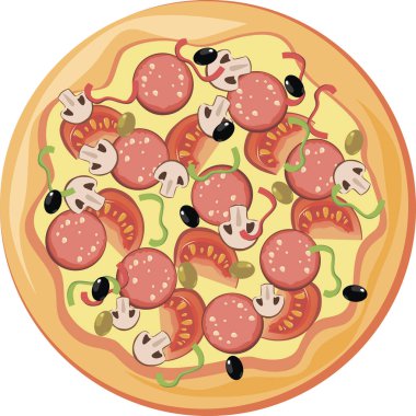 sosis, mantar, zeytin, kağıt ve domates pizza