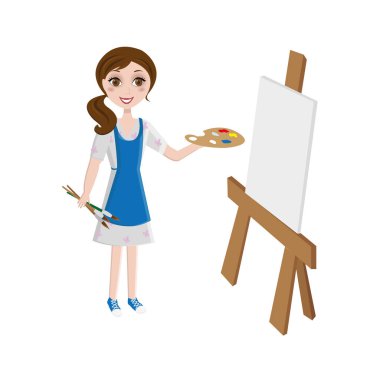 ressam kız fırça, palet ve kolaylığı ile