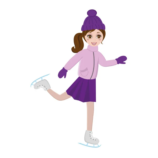 Niña patinadora de figura en abrigo rosa — Vector de stock