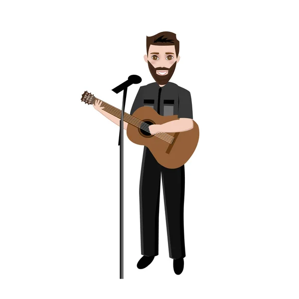 Musician brunette man plays guitar and sing song — Stock Vector