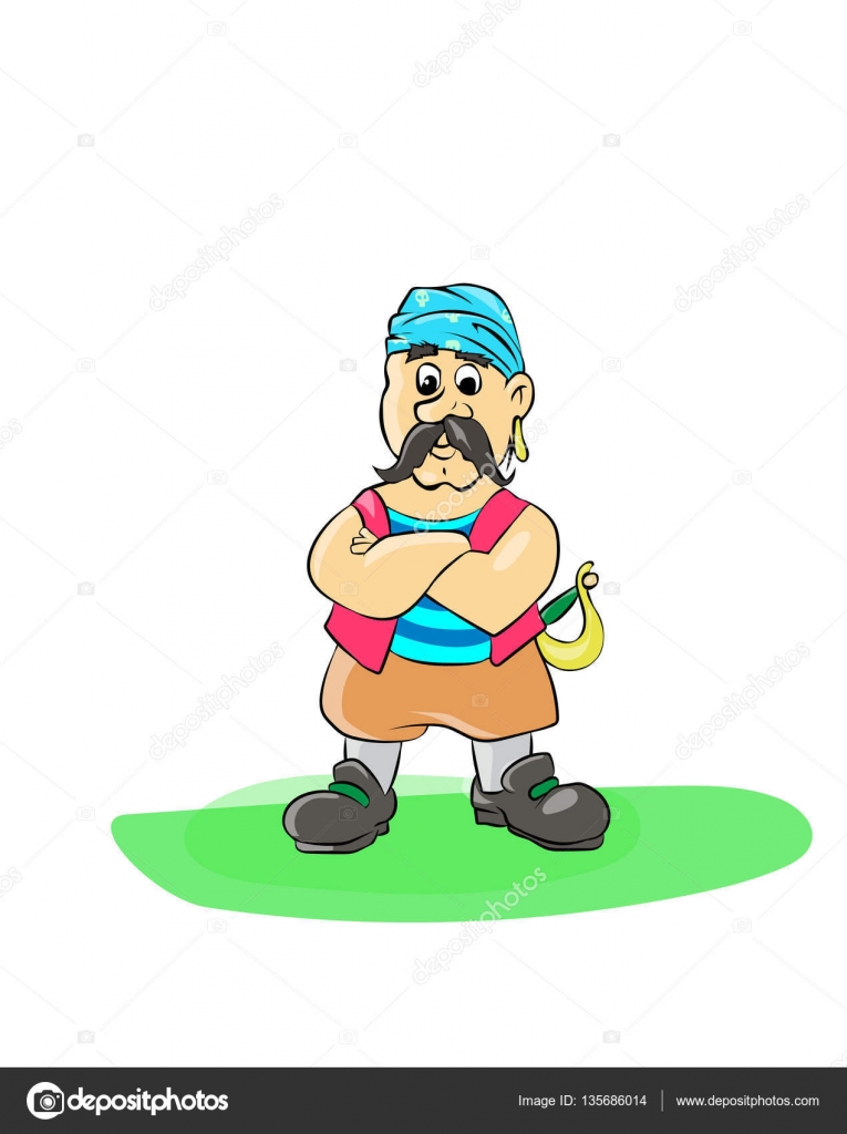 Homme Sérieux Pirate En Bandeau Bleu Avec Sabre Image