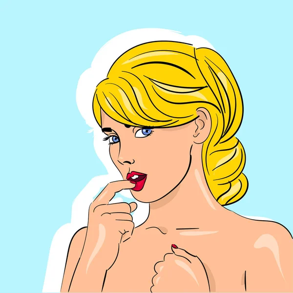 Σεξουαλική ξανθιά κοπέλα με μπλε μάτια και Φλέρτ κόκκινα χείλη — Διανυσματικό Αρχείο
