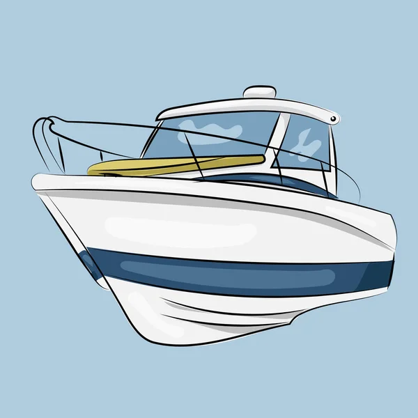 Pequeño barco de motor aislado en el fondo azul — Vector de stock