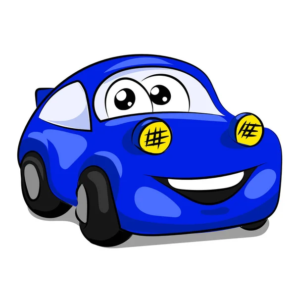Divertido coche azul con ojos y boca — Vector de stock