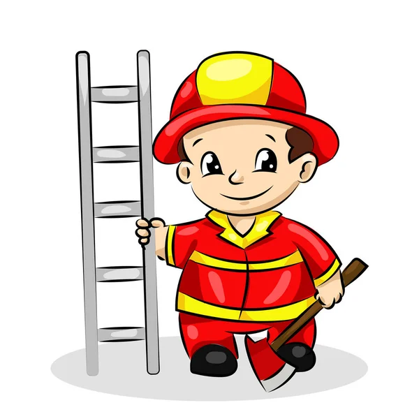 Karikatür komik itfaiyeci merdiven ve üniformalı balta ile — Stok Vektör