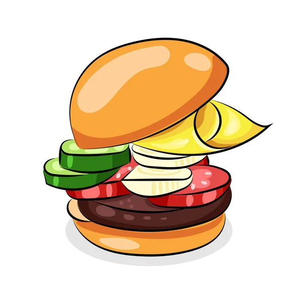 Hamburger mit Tomaten, Gurken, Salat auf weißem Hintergrund — Stockvektor