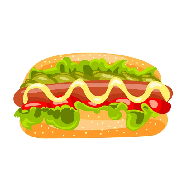 Cachorro-quente com mostarda, ketchup e legumes — Vetor de Stock