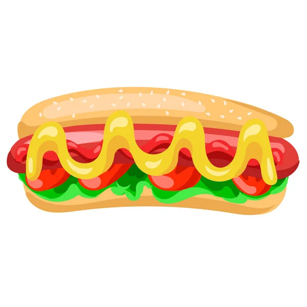 Cachorro-quente com mostarda, ketchup e legumes — Vetor de Stock