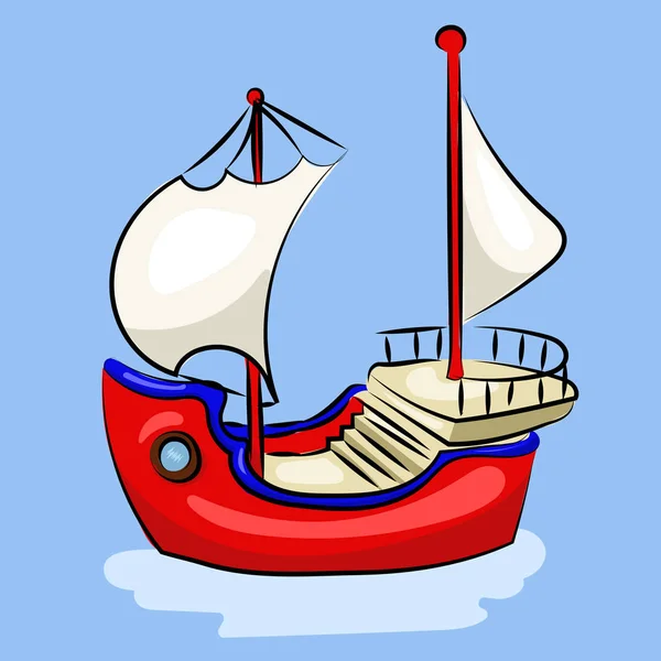 Cartoon red sailing ship at the blue background — Stock Vector