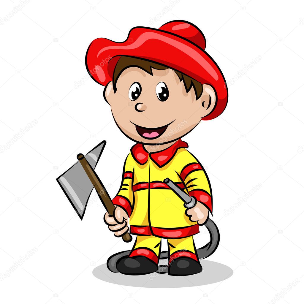 cartoon funny fire fighter with ax and hose in uniform