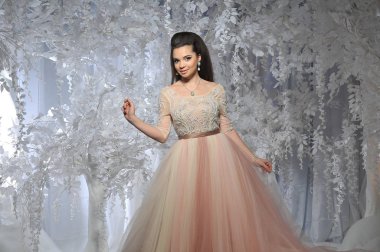 Beyaz ağaçlar kış arka plan ile uzun elbiseli güzel esmer model kız