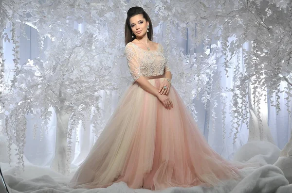 Beyaz ağaçlar kış arka plan ile uzun elbiseli güzel esmer model kız