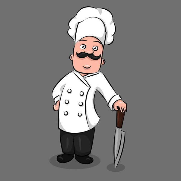Dibujos animados cocinero divertido lindo en la tapa con cuchillo — Vector de stock