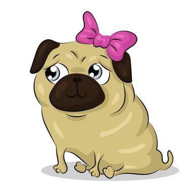 Köpek pug mor yaylı beyaz arka planda izole