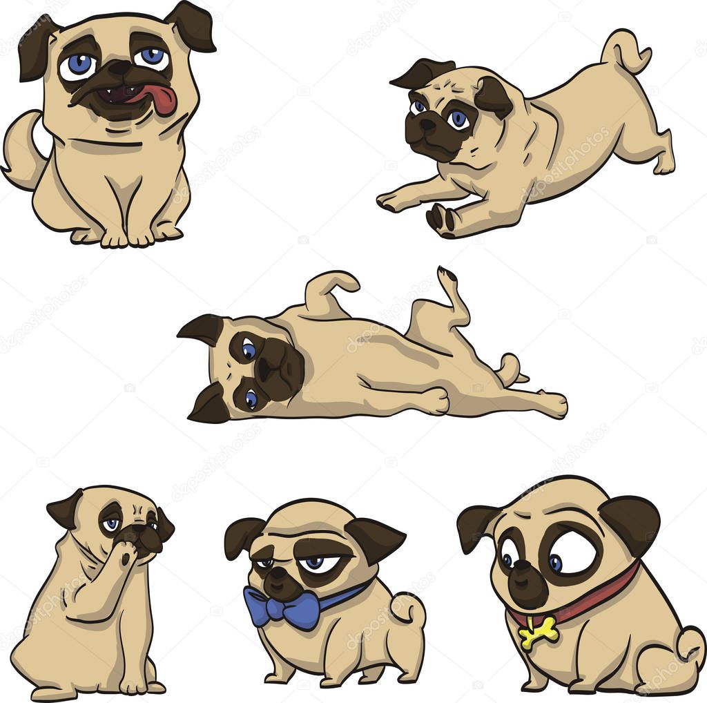 pug funny drawing cartoon dog at the white background