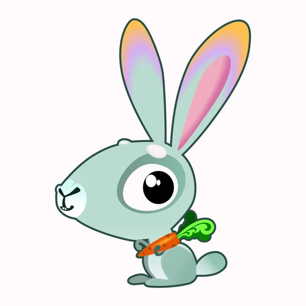 Liebre gris conejo con zanahoria naranja con grandes orejas y ojos — Vector de stock
