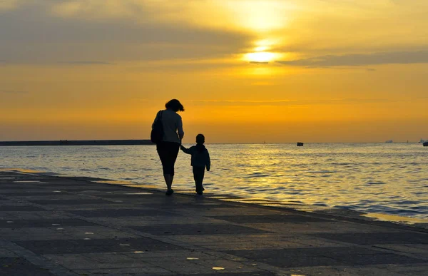 Silhouette of a woman with a child, they hold hands on a backgro — Stock Photo, Image