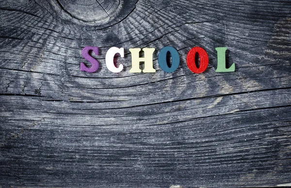 Woord school staat uit kleine gekleurde houten letters — Stockfoto