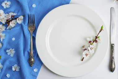 Boş beyaz seramik plaka ile demir vintage çatal bıçak takımı 