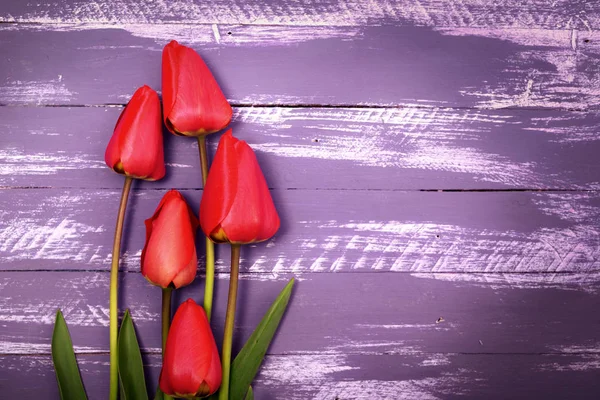 Buquê de cinco tulipas vermelhas em uma superfície de madeira — Fotografia de Stock